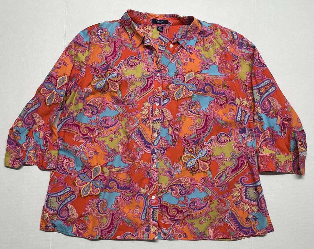 Chaps Cotton Orange Pink Paisley Button Up Shirt Womens 2X Boho Long Sleeve Top